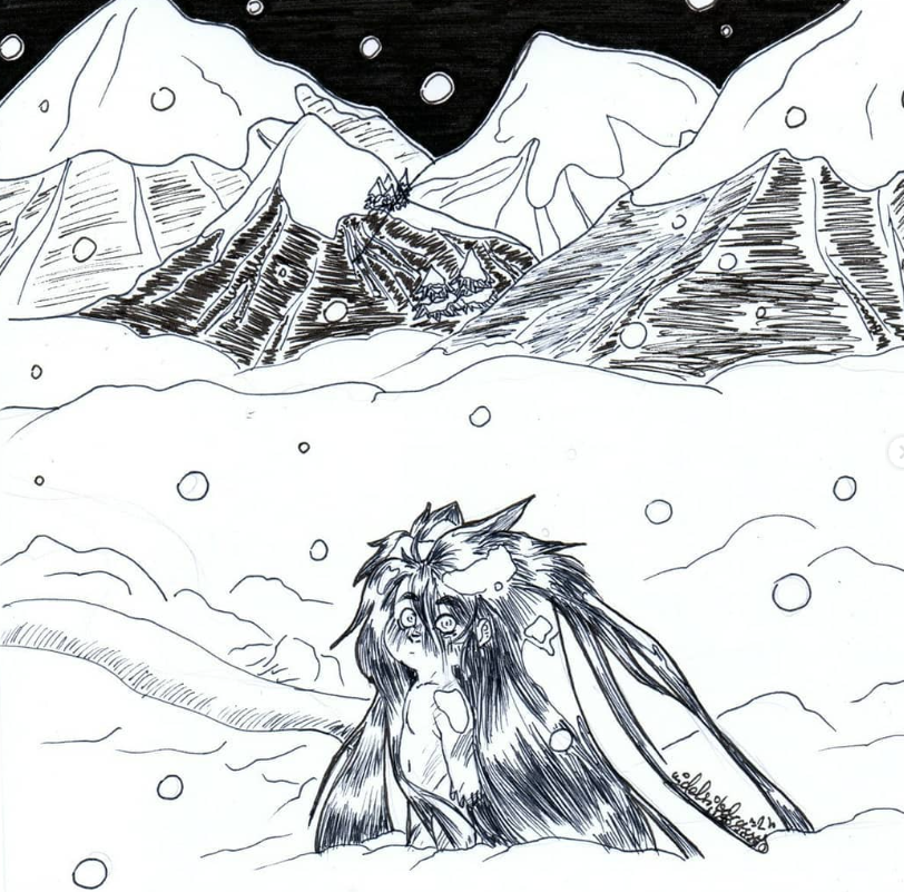 A toddler with very long dark brown hair stands in the snow as it keeps piling up. There are pine trees in the background.